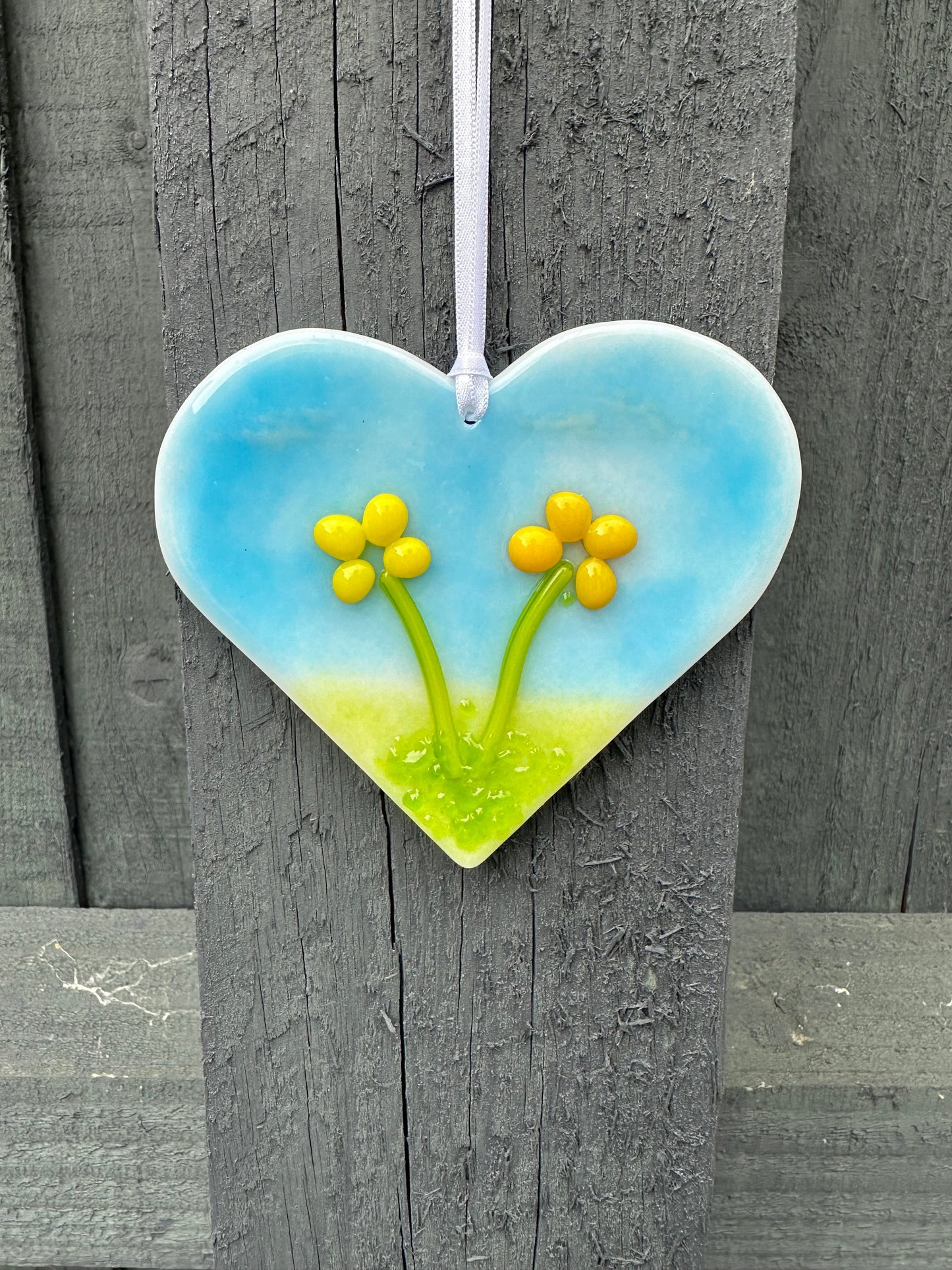 Yellow Flowers Hanging Heart Decoration Fused Glass