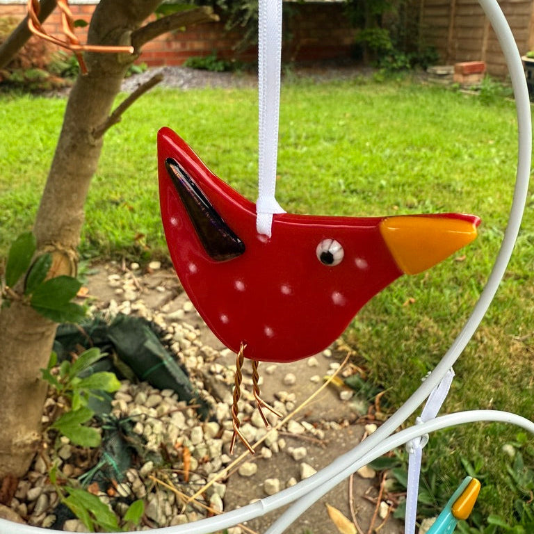 Red Baby Bird Fused Glass white spots