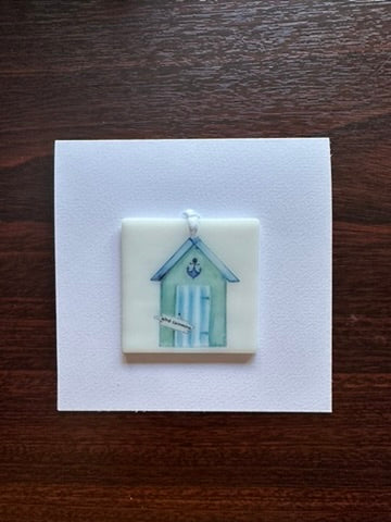 Card with a glass Beach Hut Hanging Decoration Gift