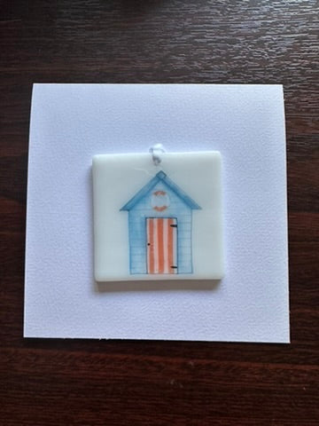 Card with a glass Beach Hut Hanging Decoration Gift