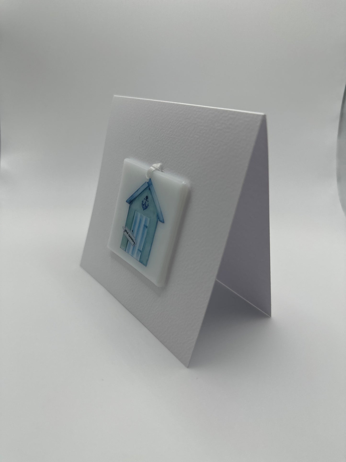 Card with a glass Beach Hut Hanging Decoration Gift