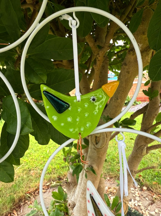 Green Baby Bird Fused Glass white spots