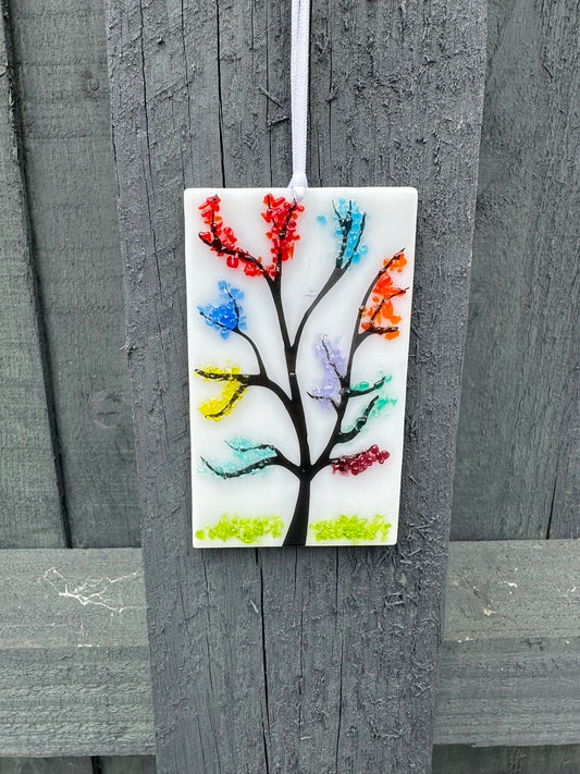 Colourful Tree effect hanging decoration on white.