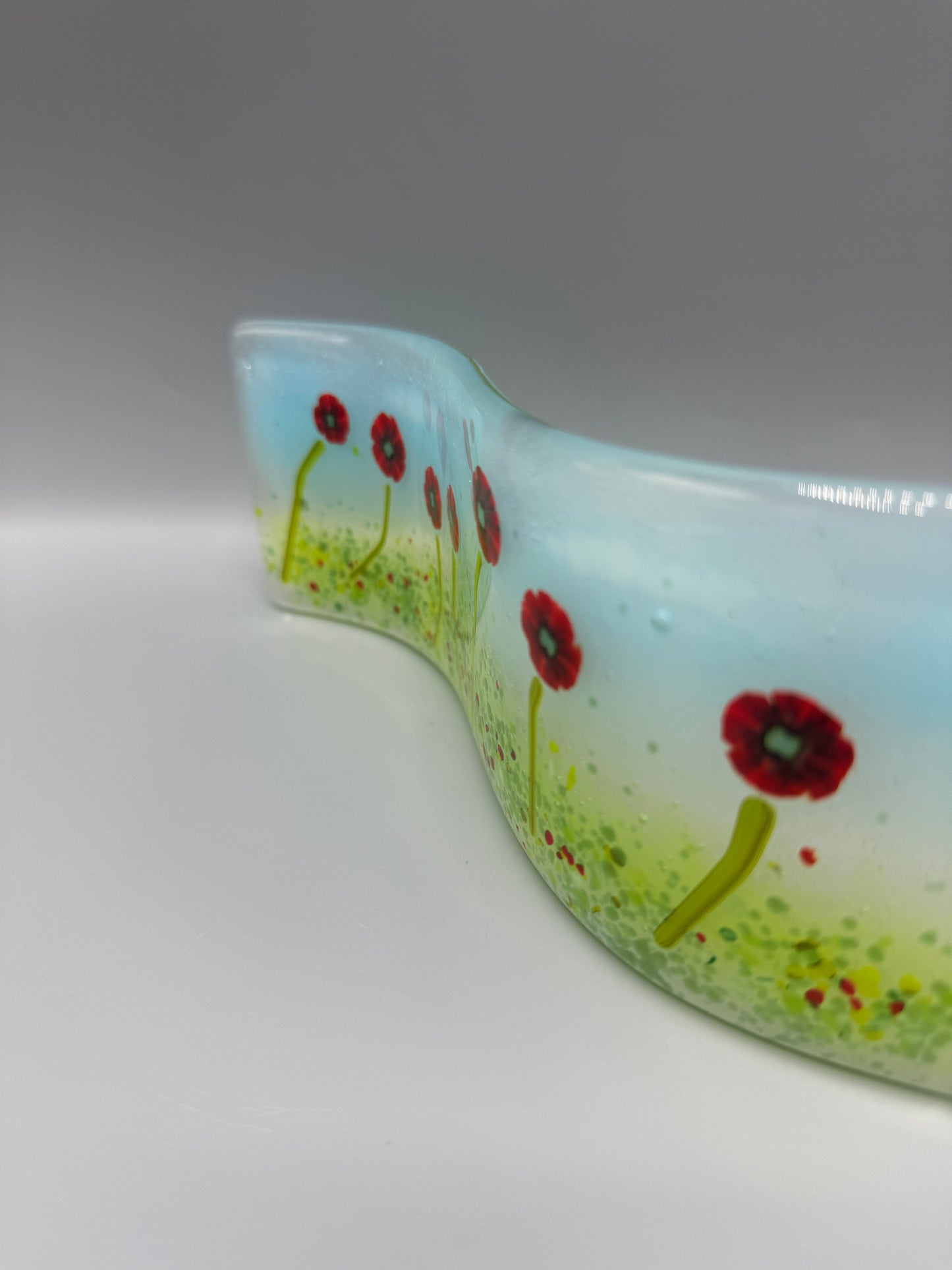 Poppies in grass meadow fused glass wave