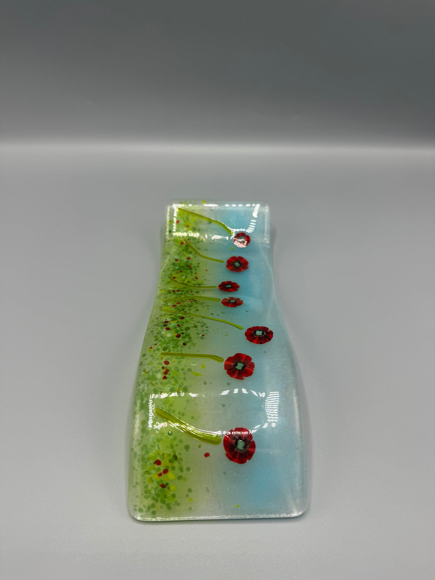 Poppies in grass meadow fused glass wave