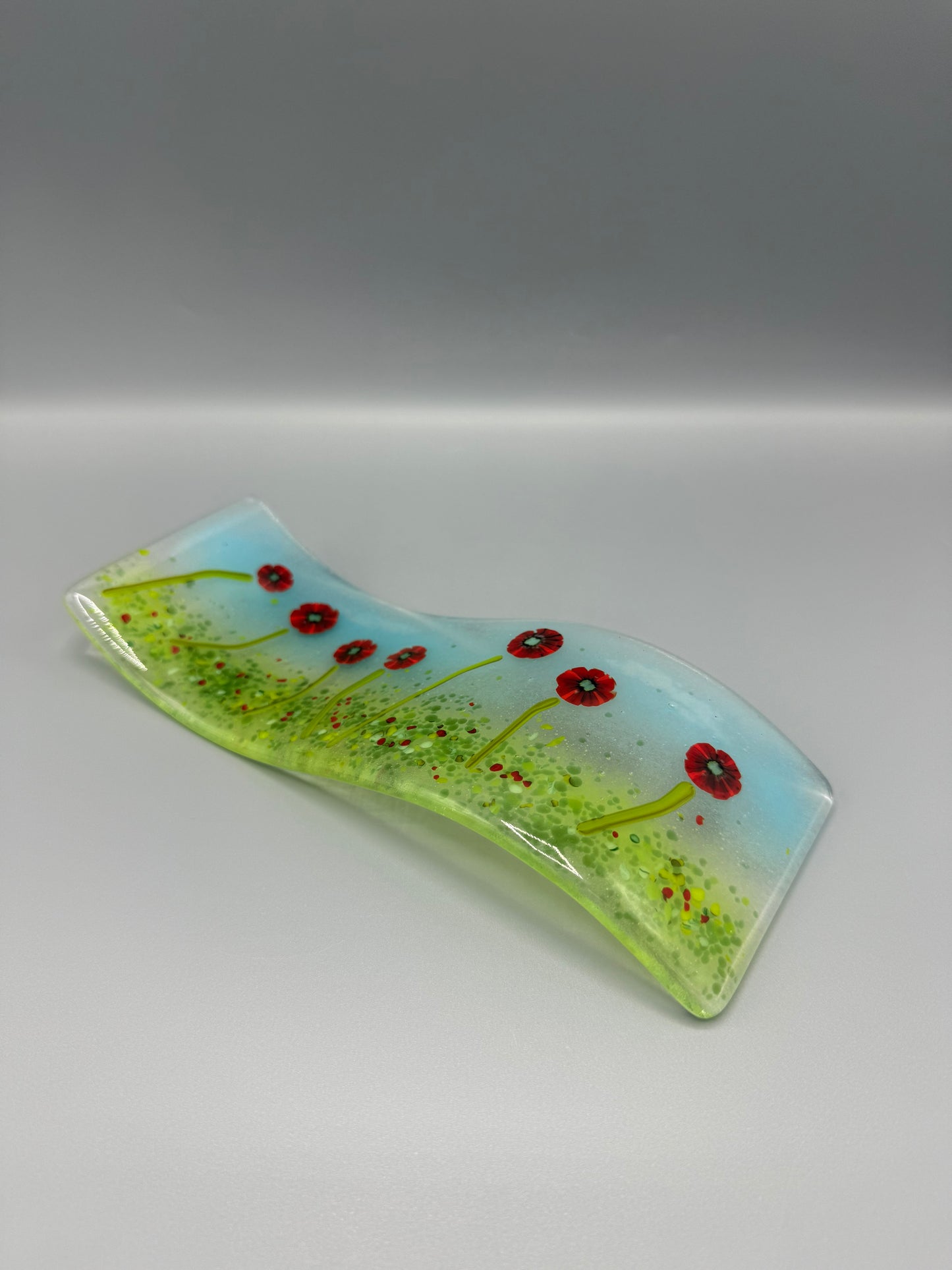 Poppies in grass meadow fused glass wave