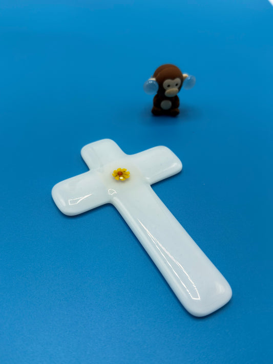 White Cross with flower in the centre Fused Glass