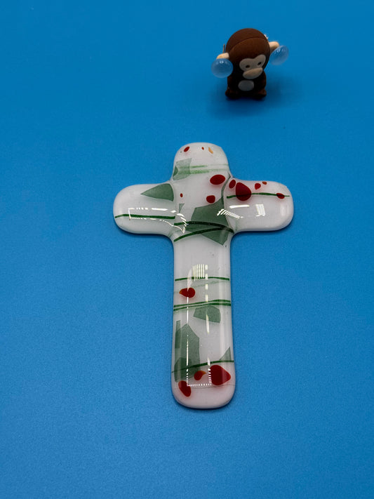 Christmas Cross Holly effect Fused Glass